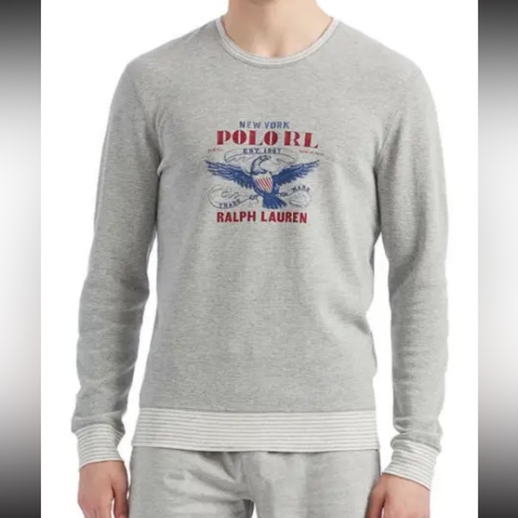 Polo Shirt Ralph Lauren Gray Polo Eagle Logo Waffle Knit Crewneck NWT - Picture 3 of 10